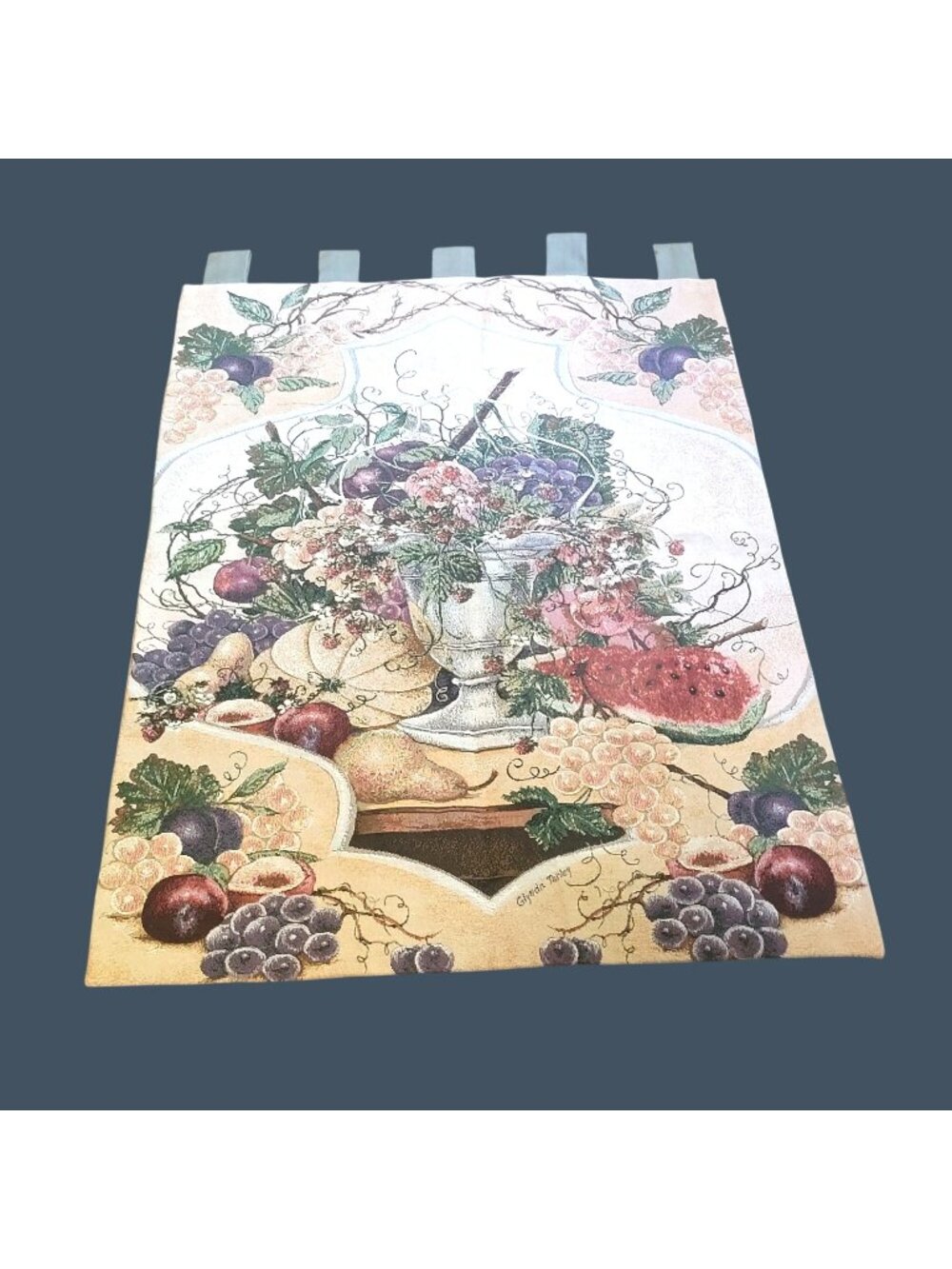 Vintage Glynda Turley Fruit Floral Tapestry Wall Hanging 5 Loops Still Life 36"